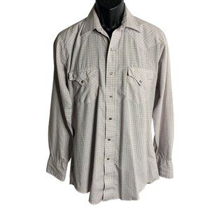 Vintage 80s Tem Tex Western Pearl Snap Shirt M Grey Check Long Sleeve Pockets